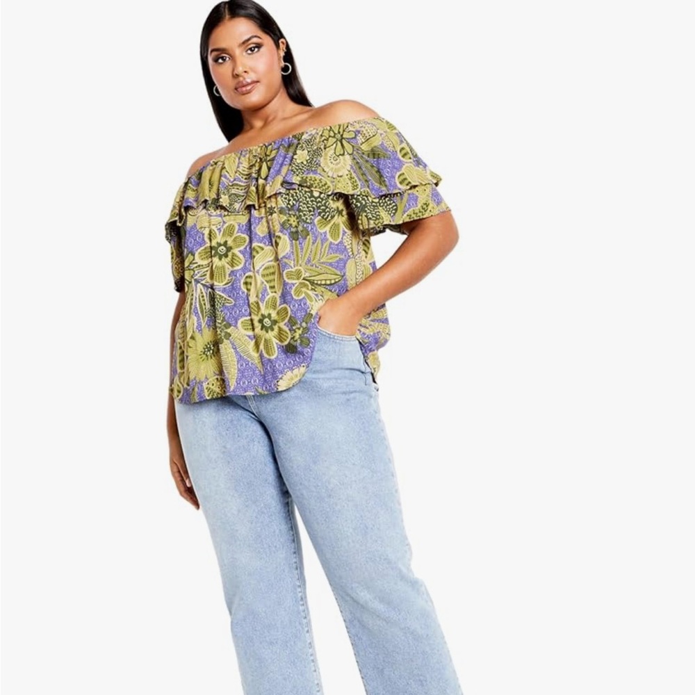 City Chic Blue‑Green Floral Ruffle Off‑Shoulder Blouse Plus 24 NWT Feminine Top